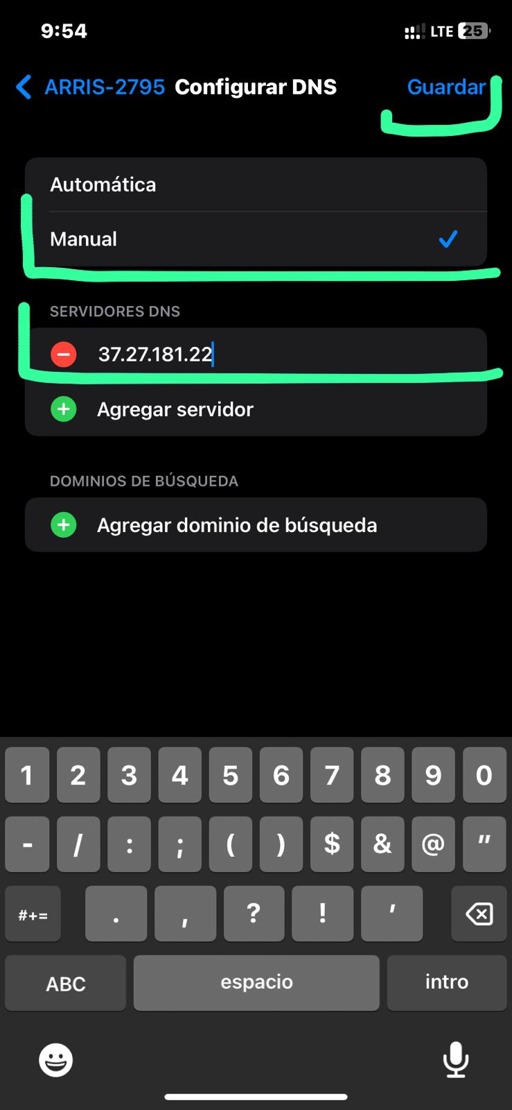 Configuración manual de DNS en Ajustes de Wi-Fi