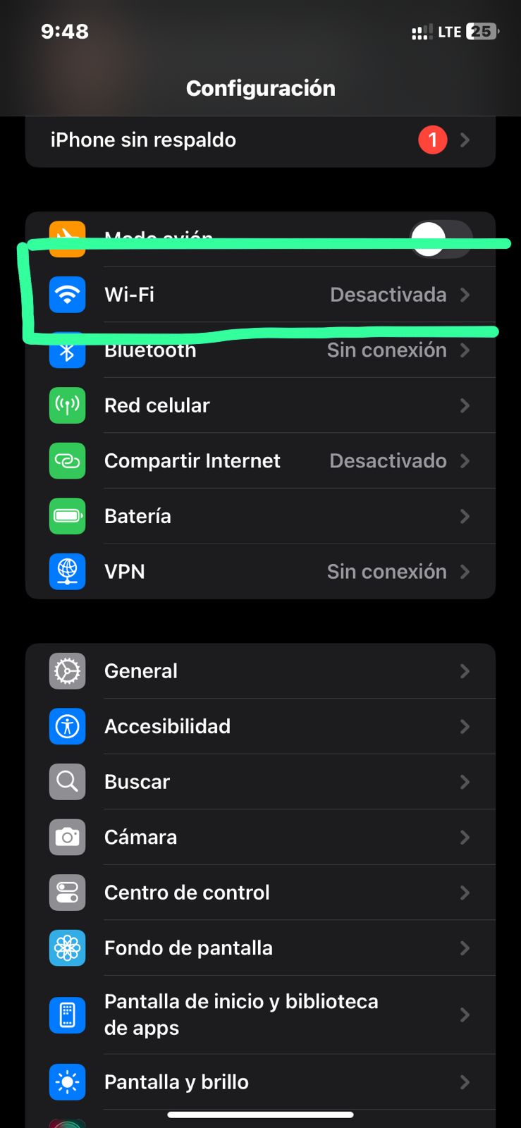 Opción de Wi-Fi en la aplicación Ajustes